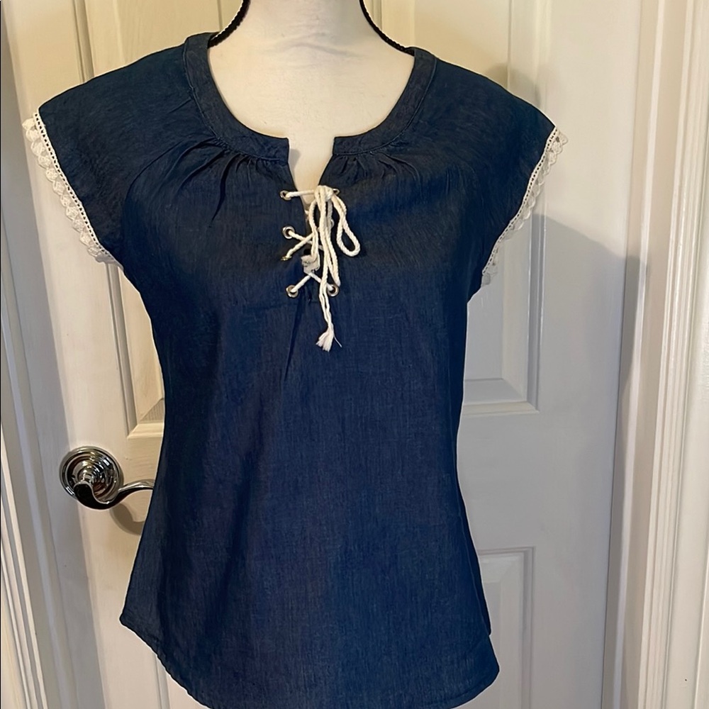 Chic Denim Lace-Up Blouse